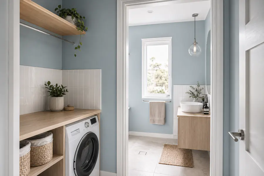Freshly painted coastal bathroom and laundry