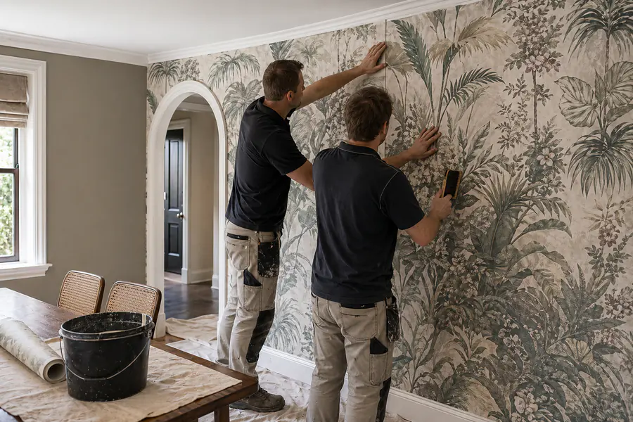 Professional decorators applying botanical wallpaper